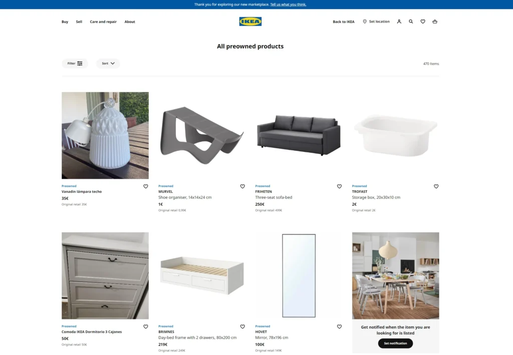 Ikea resale marketplace. Ingka Group, which operates Ikea, is piloting a new resale marketplace initiative in Spain and Norway called Ikea Preowned.
