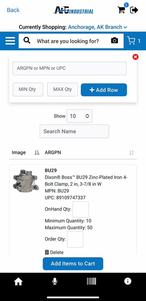 ARG Industrial shows how its mobile items display products in its cart. | Image credit: ARG Industrial